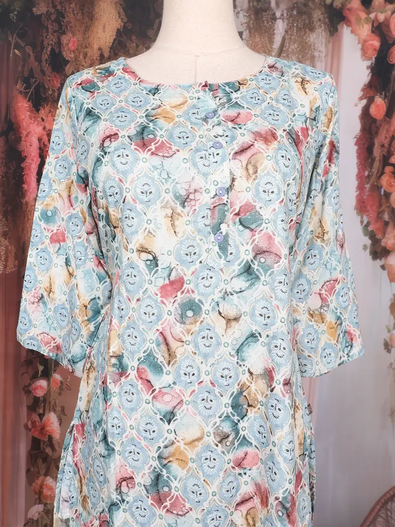Sky Blue Geometric Printed Design Cotton Kurti 2
