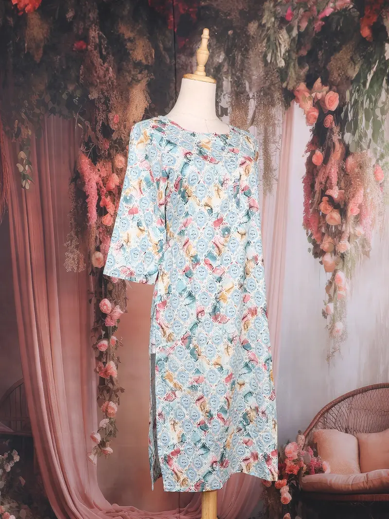 Sky Blue Geometric Printed Design Cotton Kurti 3