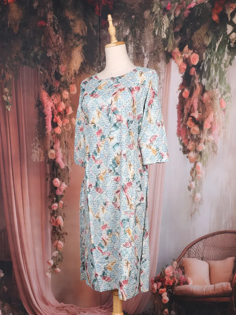Sky Blue Geometric Printed Design Cotton Kurti 4