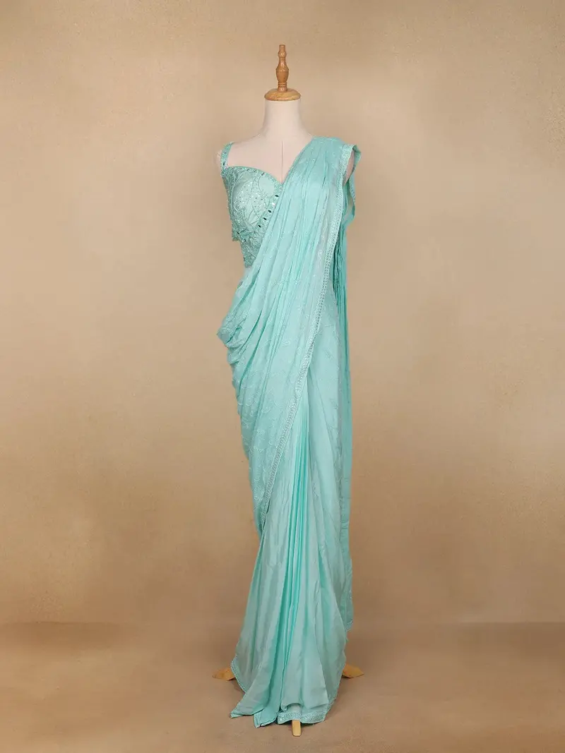 Sky Blue Georgette Ready To Wear Saree With Self Floral Designs 1