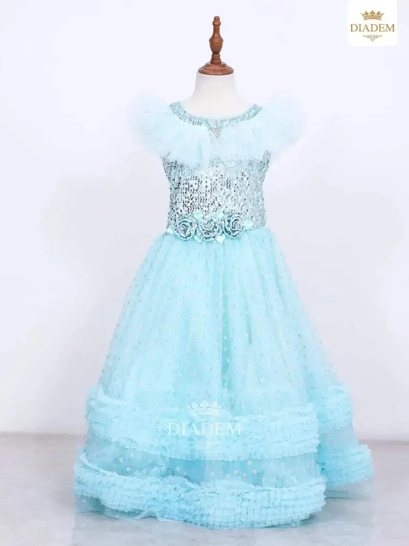 Sky Blue Gown Embellished In Sequins With Frilled Bottom 1