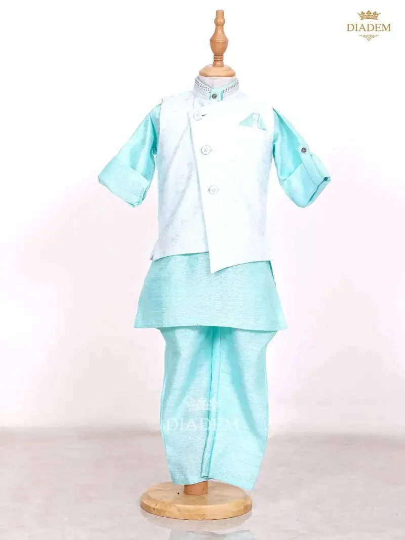 Sky Blue Kurta Set With Waistcoat 1