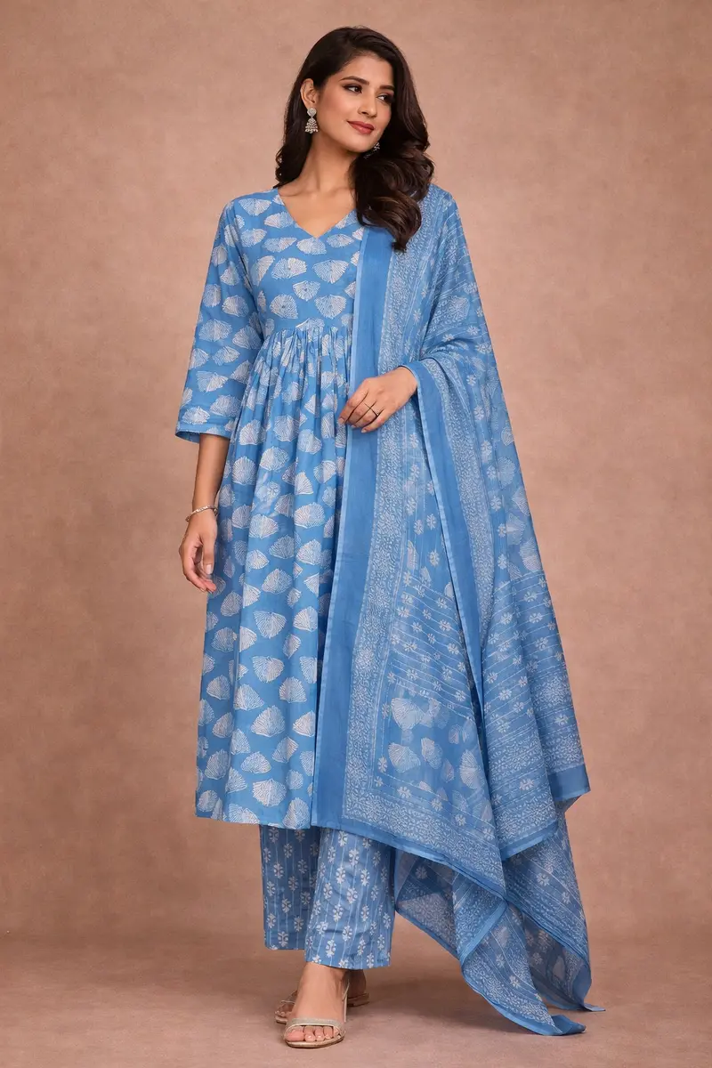 Sky Blue Leaf Designed Cotton Salwar Suit 1