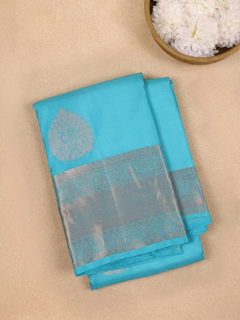 Sky Blue Leaf Motifs Pure Kanchipuram Silk Saree 1