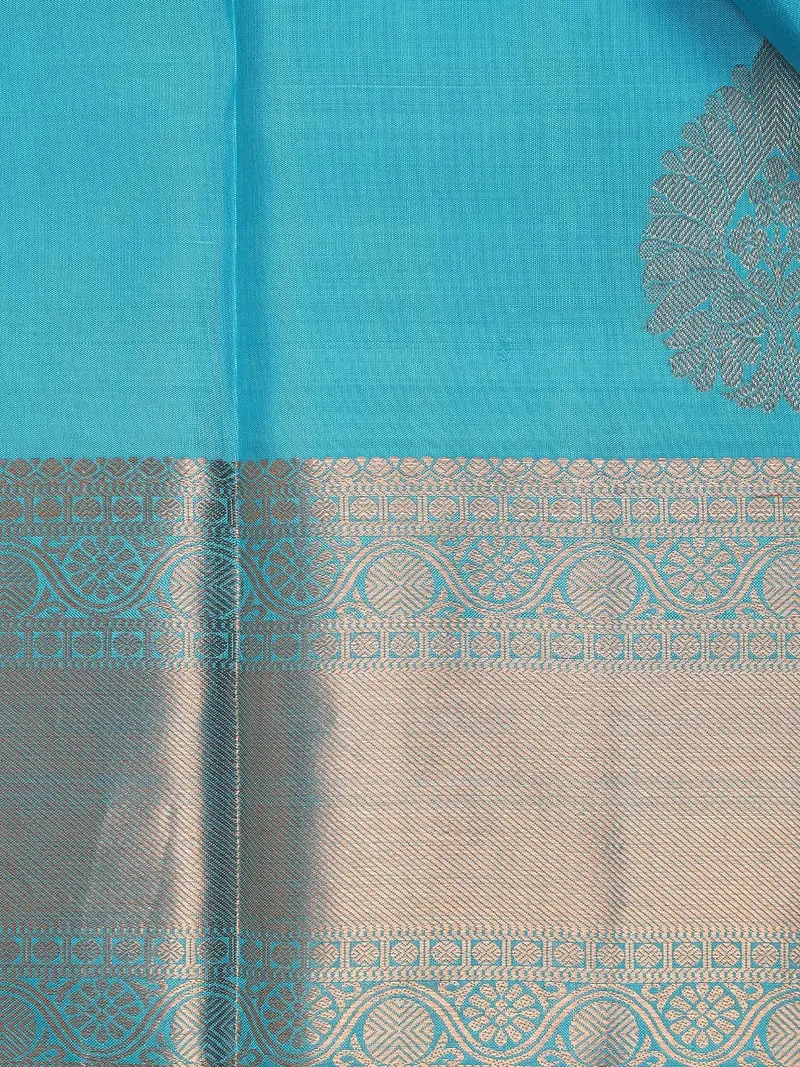 Sky Blue Leaf Motifs Pure Kanchipuram Silk Saree 2