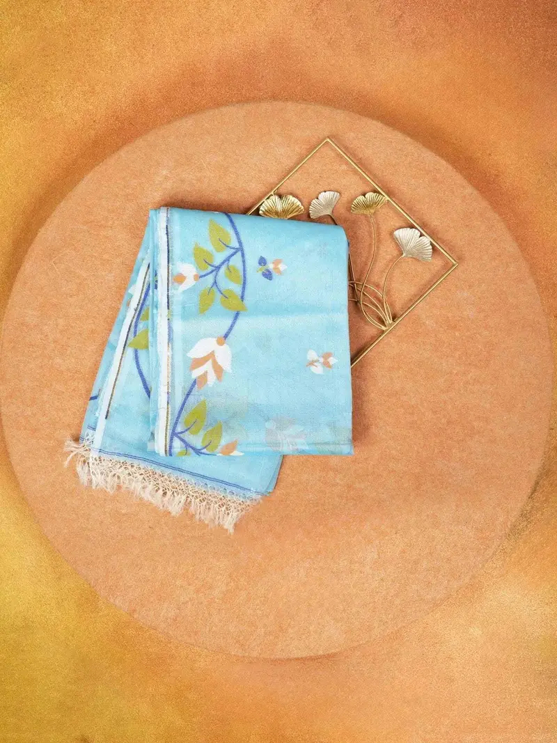Sky Blue Linen Cotton Saree With Floral Designs On The Body With Designed Border 1