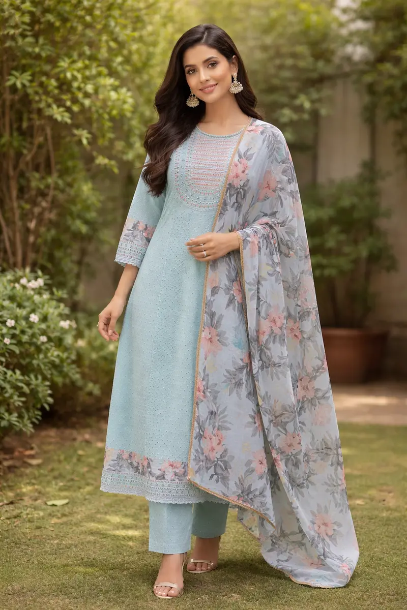 Sky Blue Mirror Work Cotton Salwar Suit Set With Floral Printed Dupatta 1