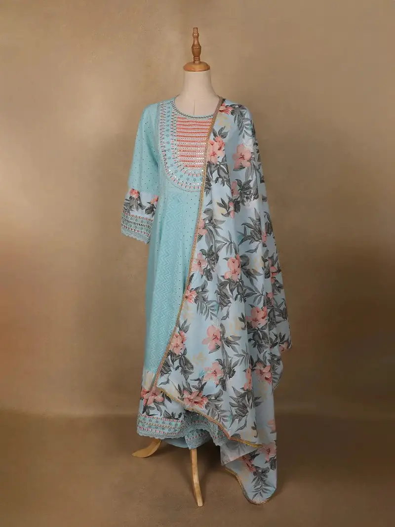 Sky Blue Mirror Work Cotton Salwar Suit Set With Floral Printed Dupatta 2