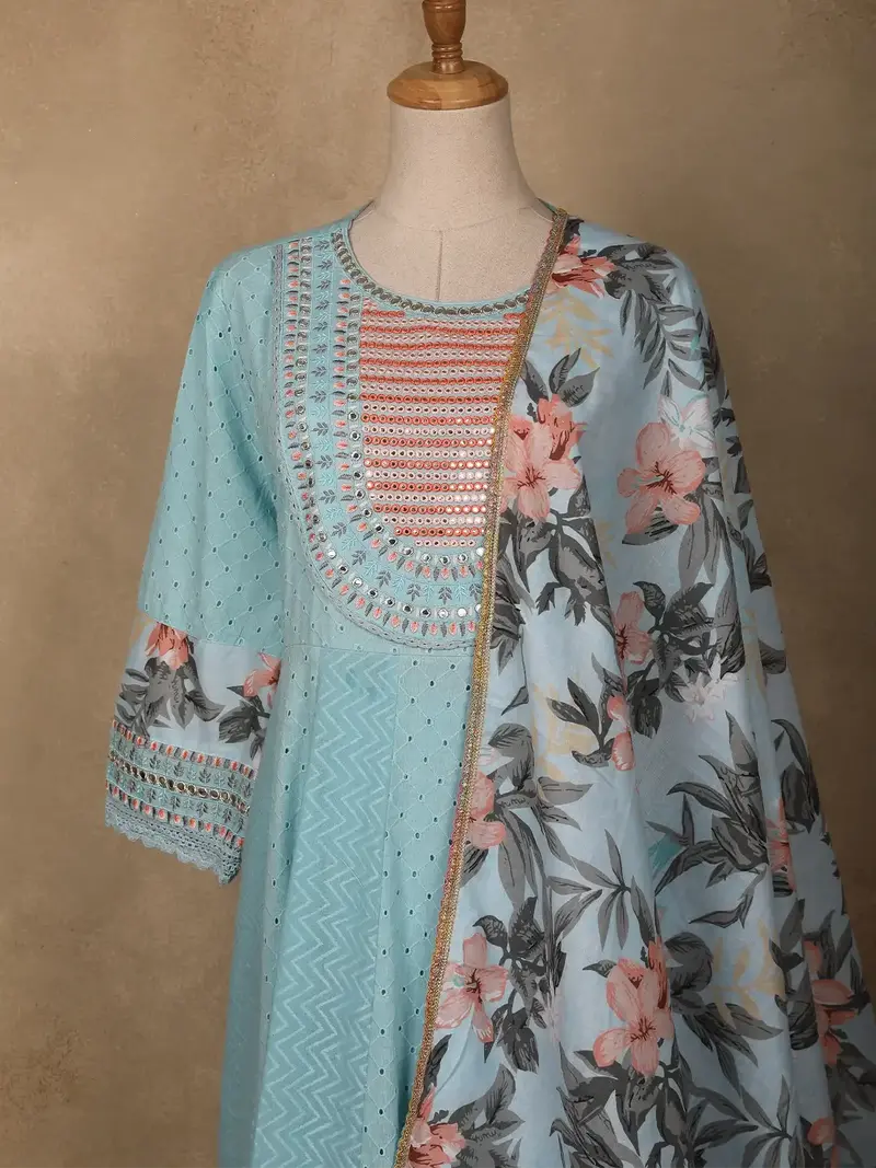 Sky Blue Mirror Work Cotton Salwar Suit Set With Floral Printed Dupatta 3