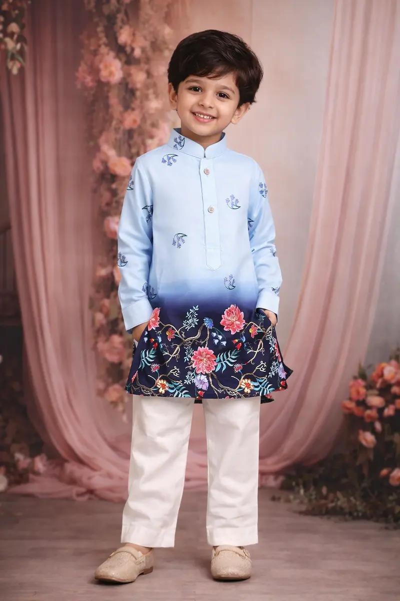 Sky Blue Ombre Floral Printed Kids Kurta Set 1