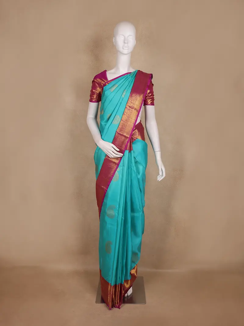 Sky Blue Paisley Butta Woven Kanchipuram Silk Saree 1