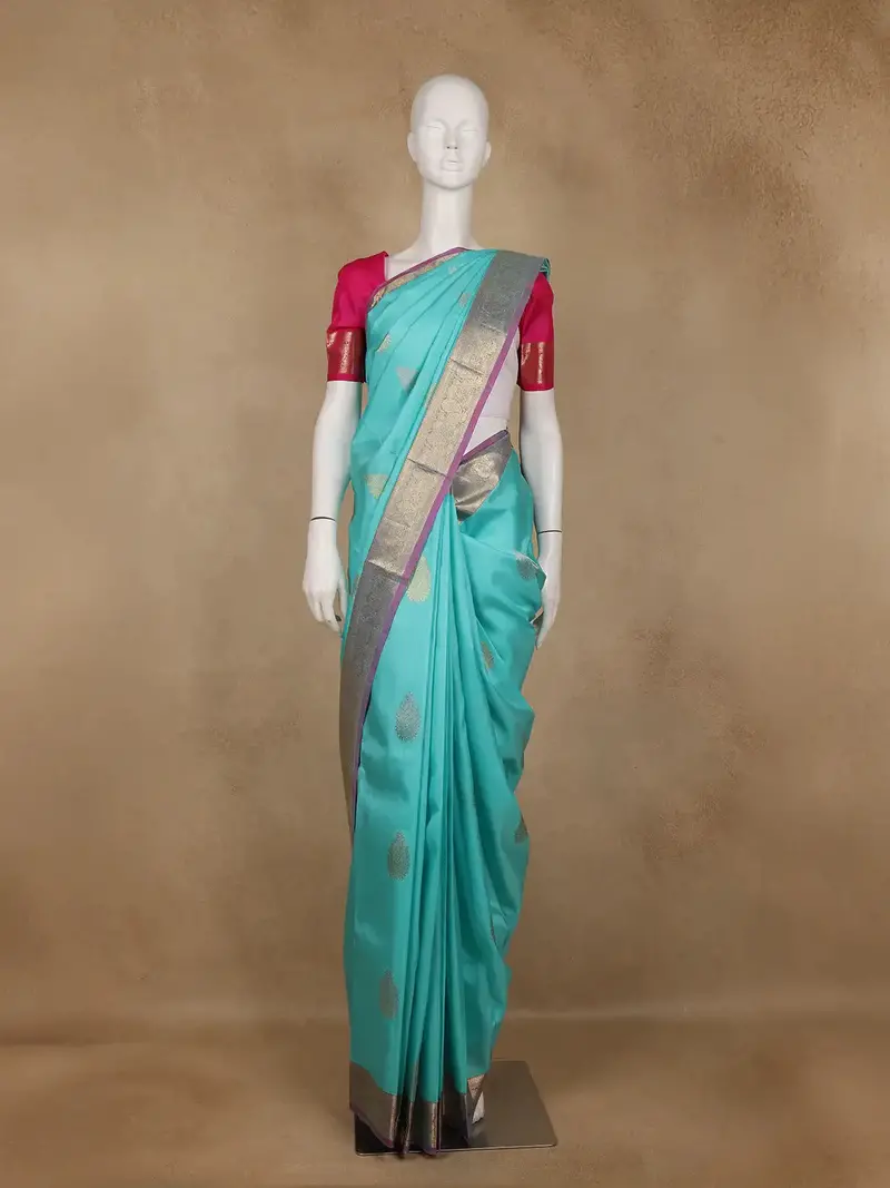 Sky Blue Paisley Designed Silk Saree 1