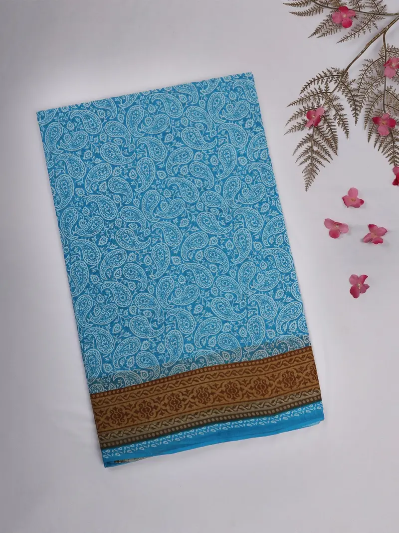 Sky Blue Paisley Printed Karishma Cotton Saree With Contrast Brown Ethnic Border 1