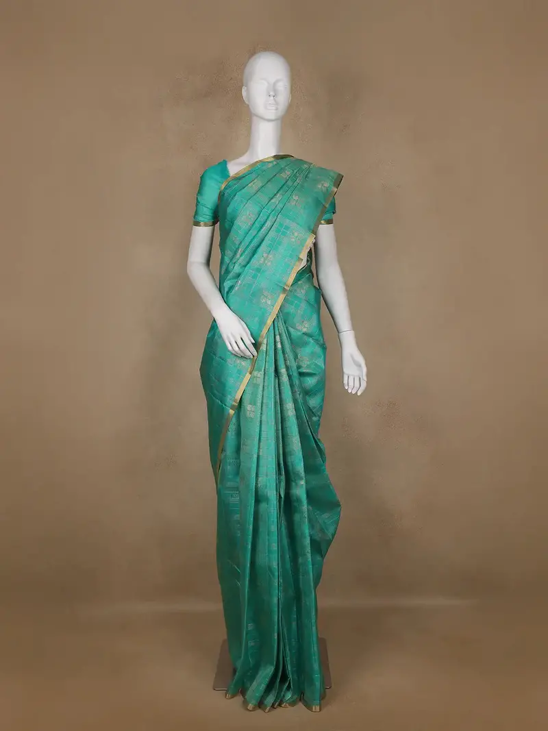 Sky Blue Peacock Butta And Checks Woven Silk Saree 1