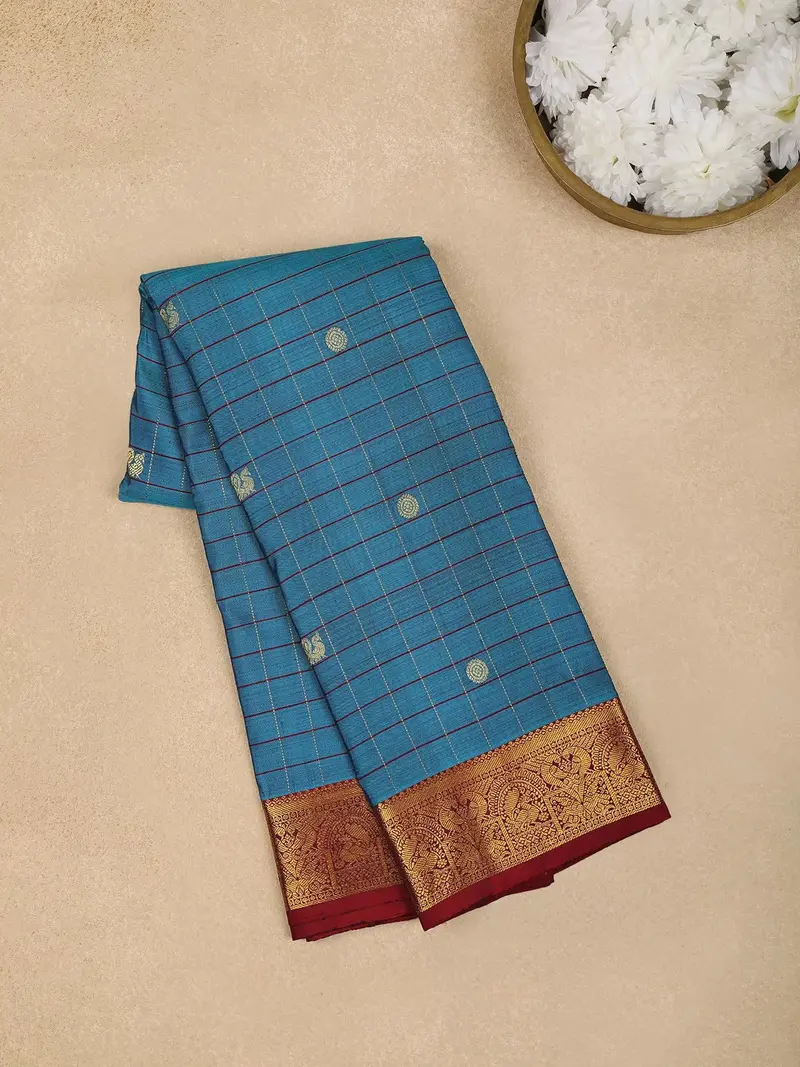 Sky Blue Peacock Woven Pure Kanchipuram Silk Saree 1