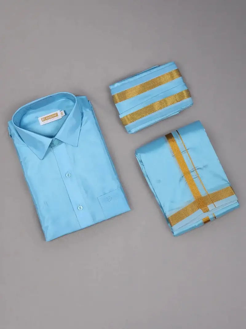 Sky Blue Plain Semi Silk Full-Sleeve Shirt With Matching Dhoti Set 1