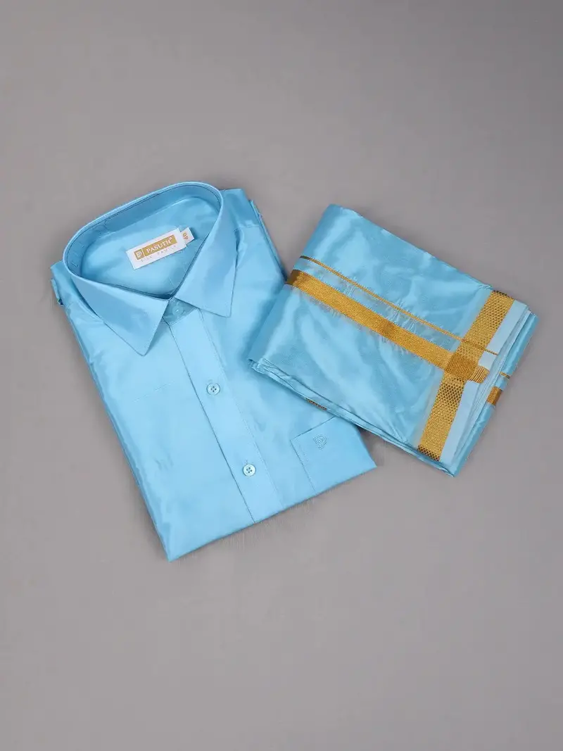 Sky Blue Plain Semi Silk Full-Sleeve Shirt With Matching Dhoti Set 2