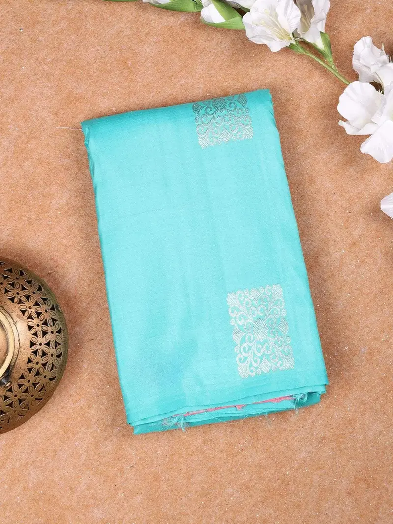 Sky Blue Pure Kanchipuram Bridal Silk Saree With Flower Jacquard Design On The Body With Zari Border 1