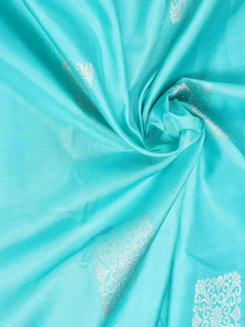 Sky Blue Pure Kanchipuram Bridal Silk Saree With Flower Jacquard Design On The Body With Zari Border 2
