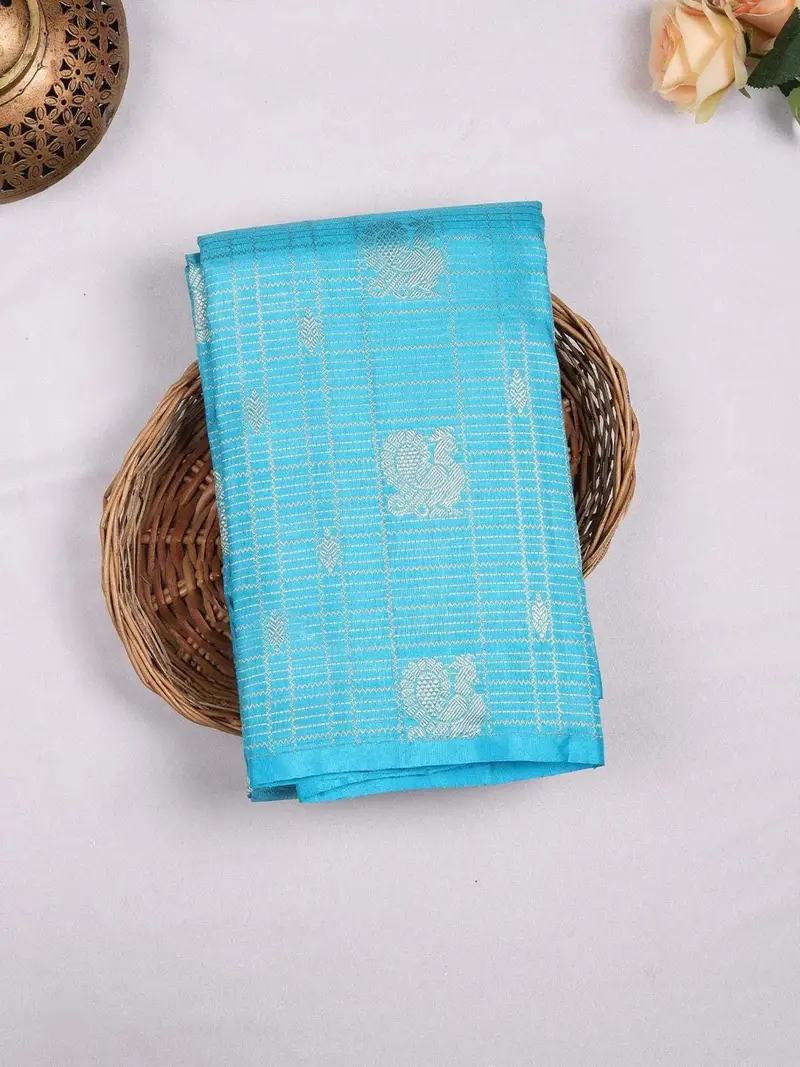 Sky Blue Pure Kanchipuram Bridal Silk Saree With Stripes And Peacock Motif On The Body And Without Border 1