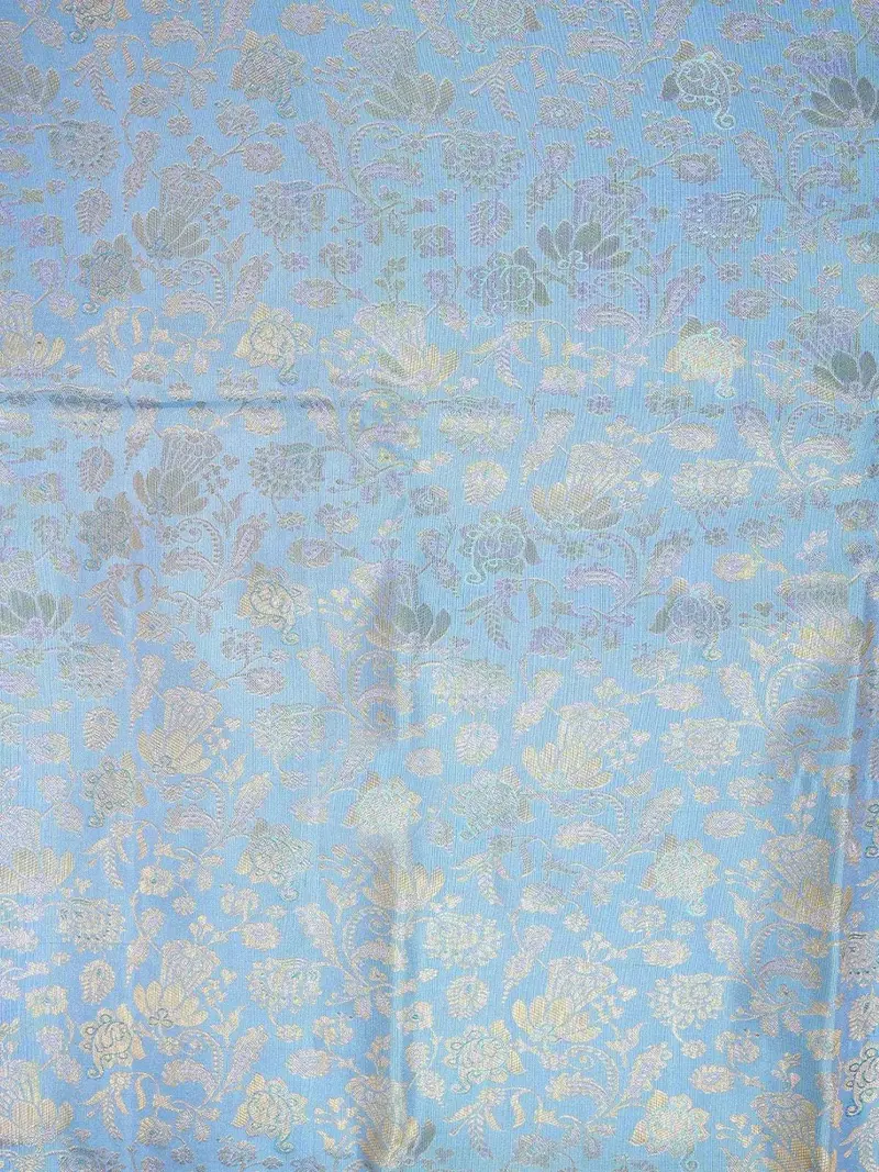 Sky Blue Pure Kanchipuram Silk Saree With Floral Designs On The Body And With Contrast Broad And Small Border 2
