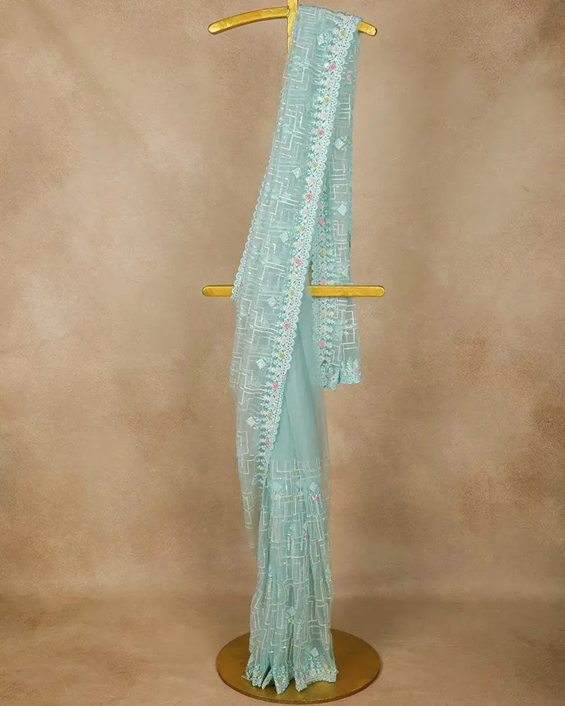 Sky Blue Sequin Embroidery Designed Net Saree 1