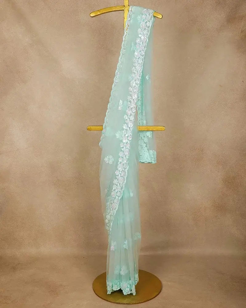 Sky Blue Sequin Embroidery Designed Net Saree 1
