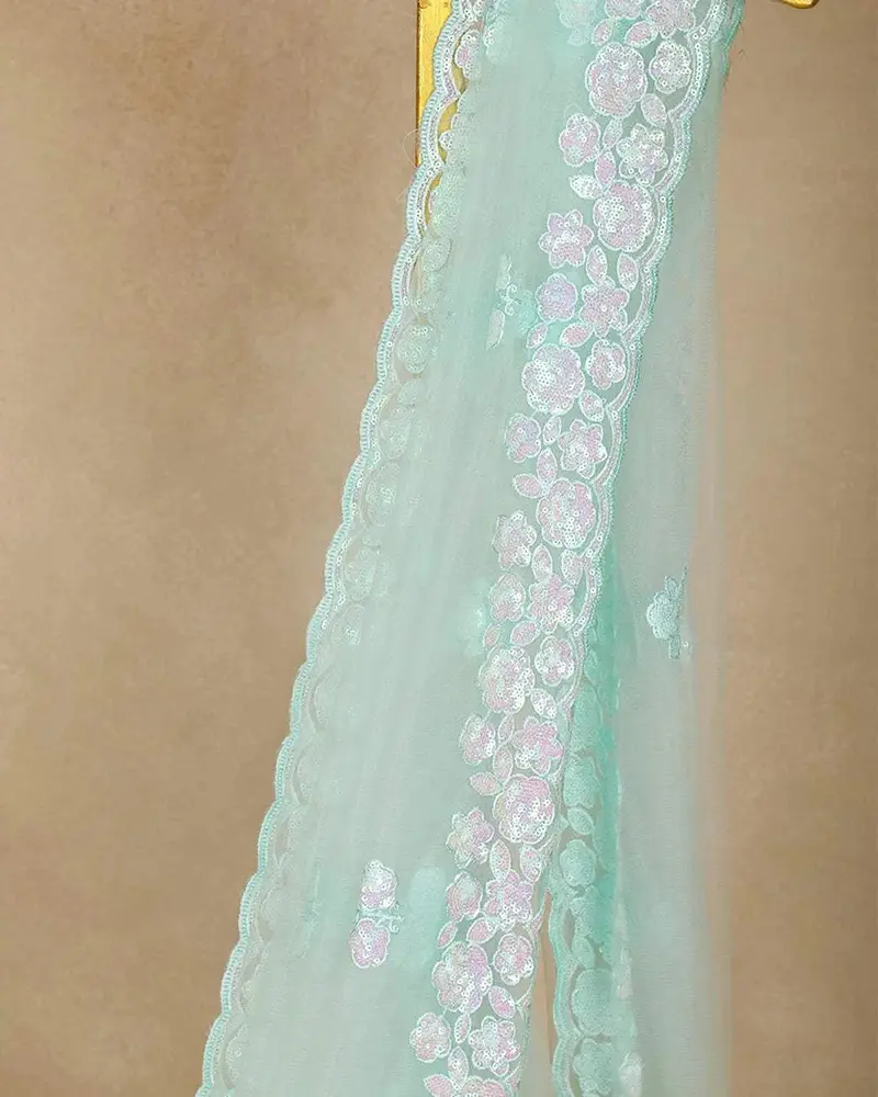 Sky Blue Sequin Embroidery Designed Net Saree 2