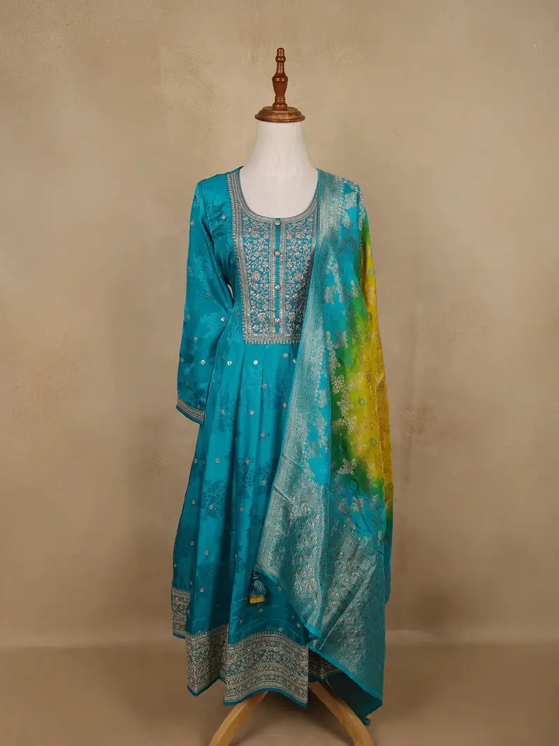 Sky Blue Sequins Design Floral Printed Silk Anarkali Salwar Suit 1