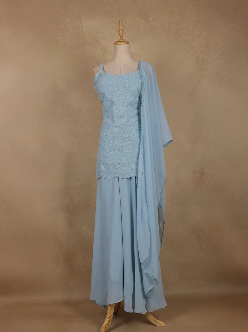 Sky Blue Sequins Design Georgette Palazzo Suit With Dupatta 1