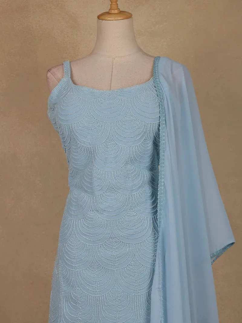 Sky Blue Sequins Design Georgette Palazzo Suit With Dupatta 2