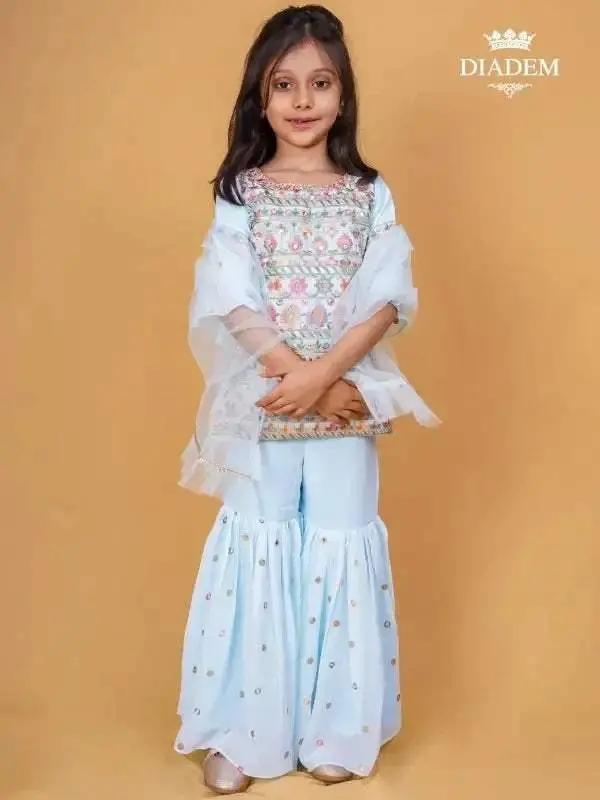 Sky Blue Sharara Suit Embellished In Mirror And Embroidery Design With Dupatta 1