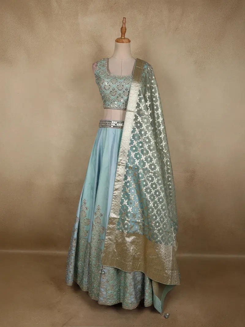 Sky Blue Silver Zari Woven Design And Mirror Work Banarasi Silk Designer Lehenga With Dupatta 1