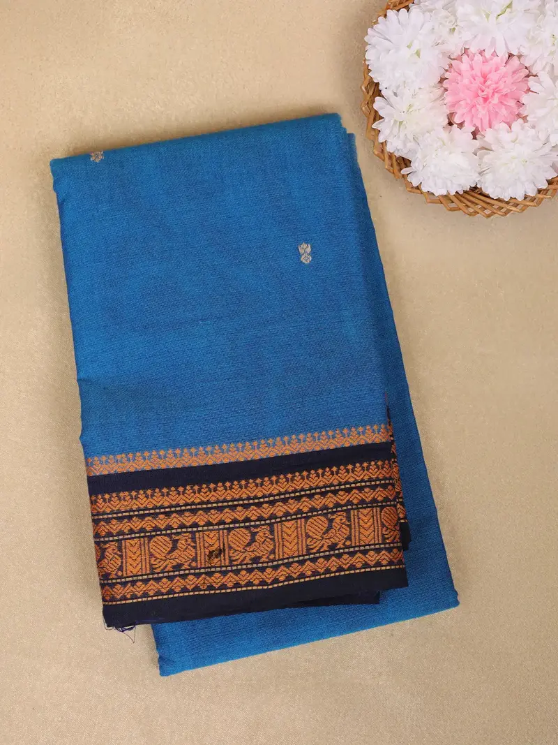 Sky Blue Small Butta Motif Design Cotton Saree With Contrast Border 1