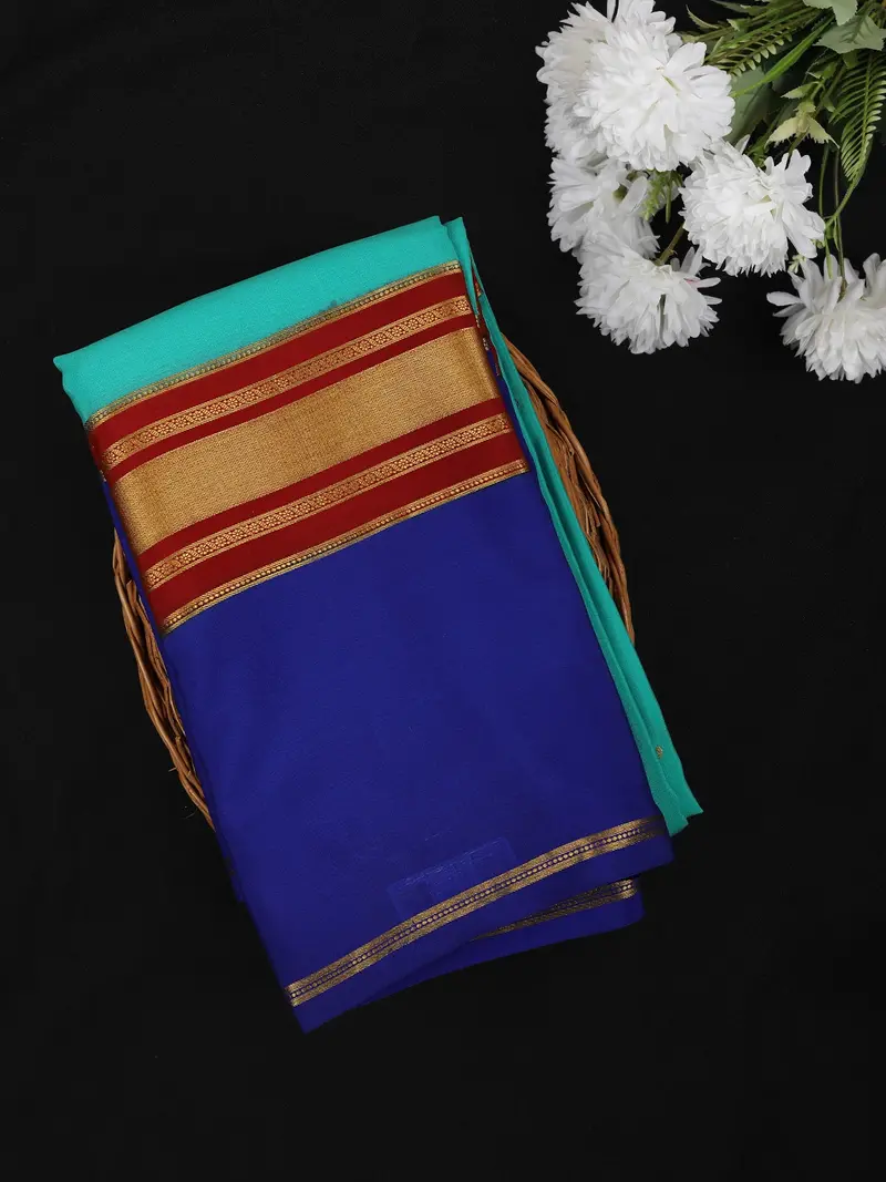 Sky Blue Solid Design Mysore Silk Designer Saree With Contrast Zari Border 1