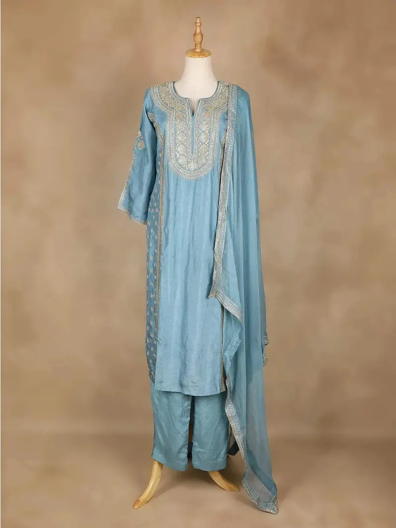 Sky Blue Straight Cut Salwar Suit Adorned With Floral Designs, With 3/4 Sleeve And Matching Dupatta 1