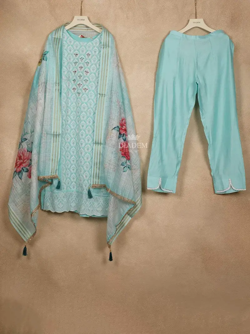 Sky Blue Straight Cut Salwar Suit Adorned With Sequins And Floral Design Paired With Dupatta 1