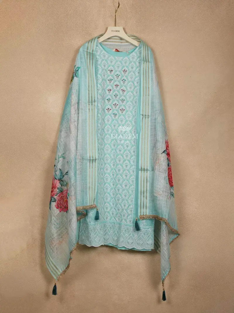 Sky Blue Straight Cut Salwar Suit Adorned With Sequins And Floral Design Paired With Dupatta 2