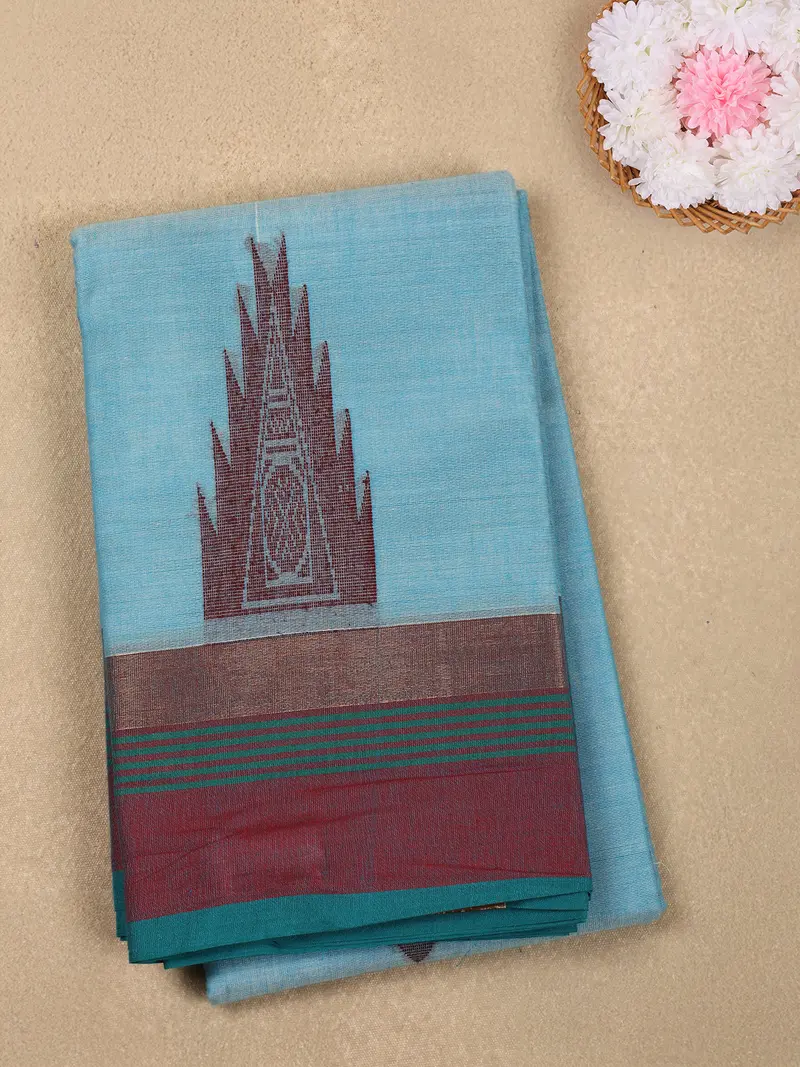 Sky Blue Temple Motif Woven Design Cotton Saree With Contrast Maroon Border 1