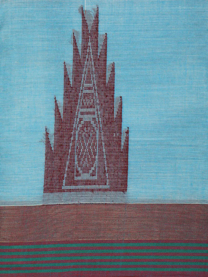 Sky Blue Temple Motif Woven Design Cotton Saree With Contrast Maroon Border 2