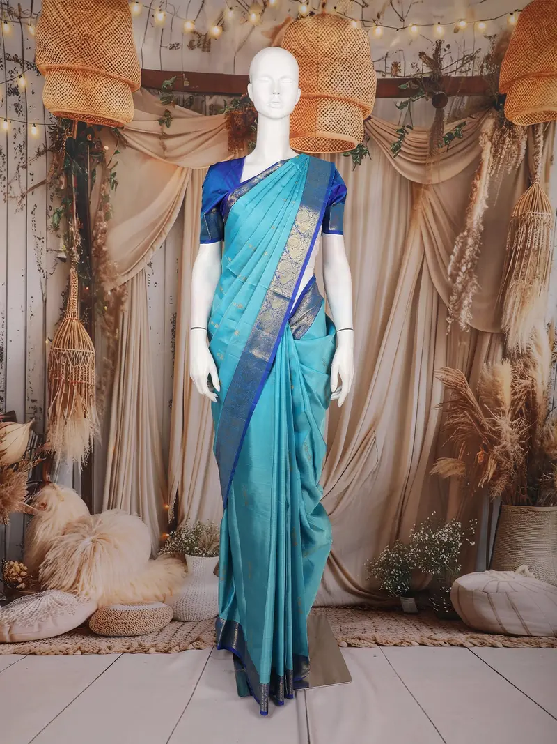 Sky Blue Zari Woven Design Pure Kanchipuram Silk Saree With Contrast Woven Border 1