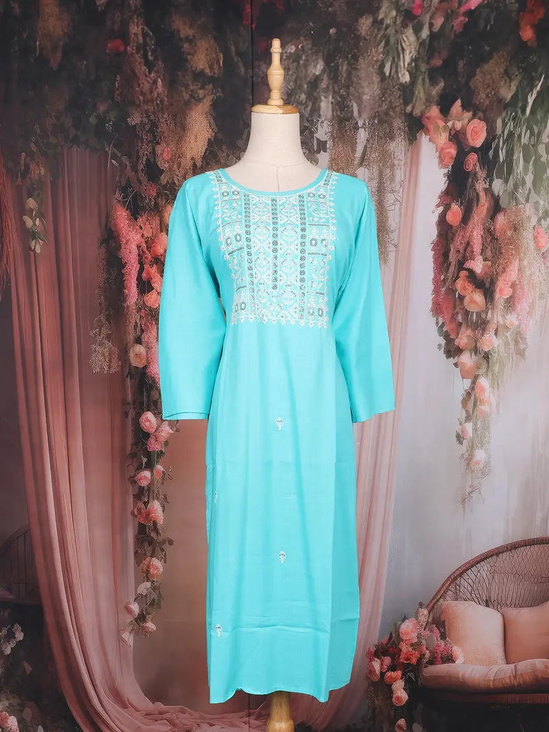 Sky Bluethread Embroidered Design Cotton Kurti 1