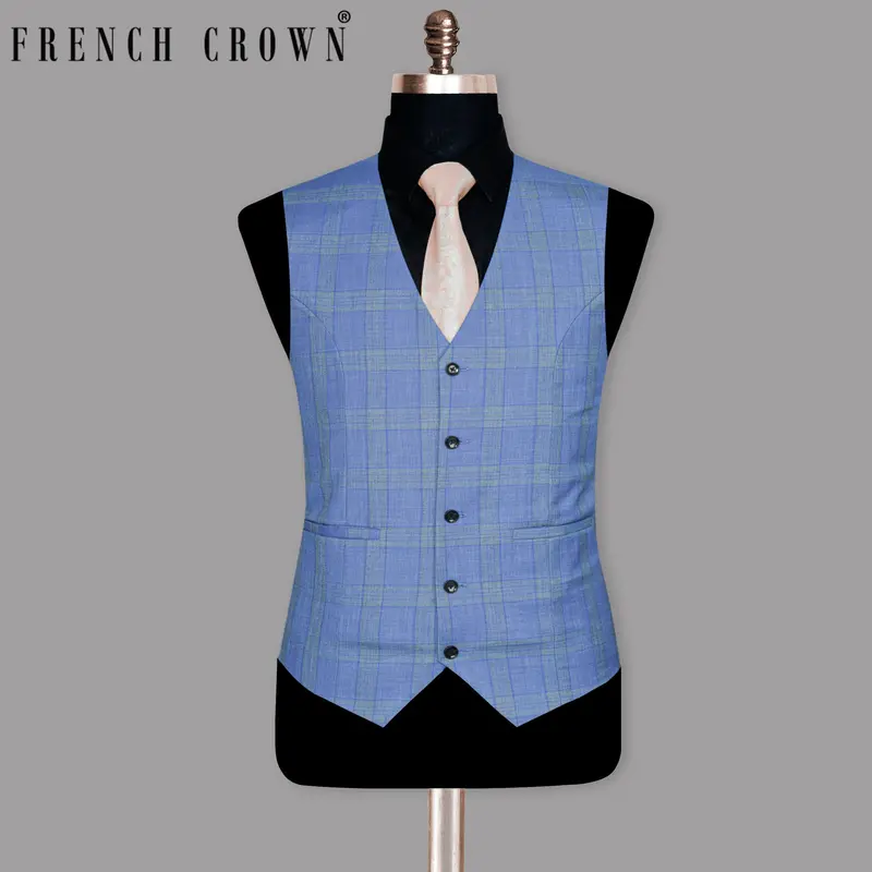 Sky Windowpane Wool Blend Waistcoat 1