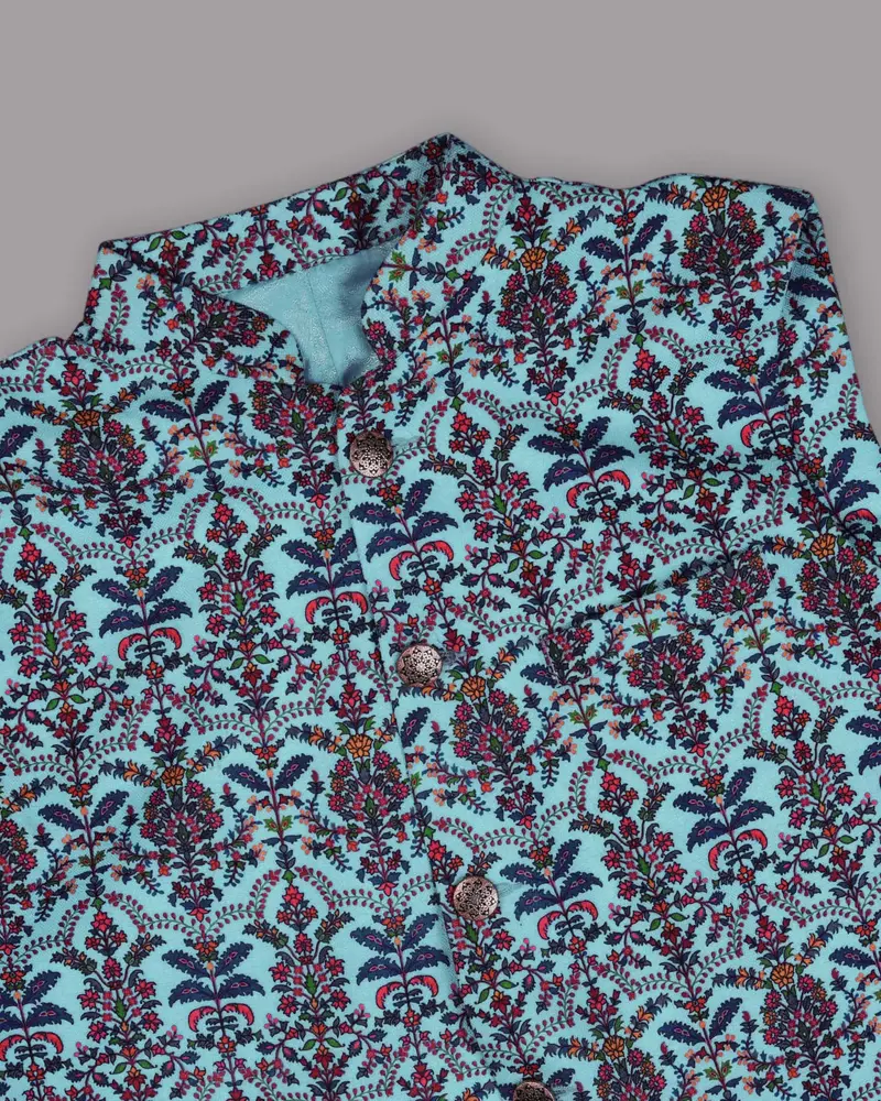 Sky With Multi-Color Flora Print Premium Designer Nehru Jacket 2