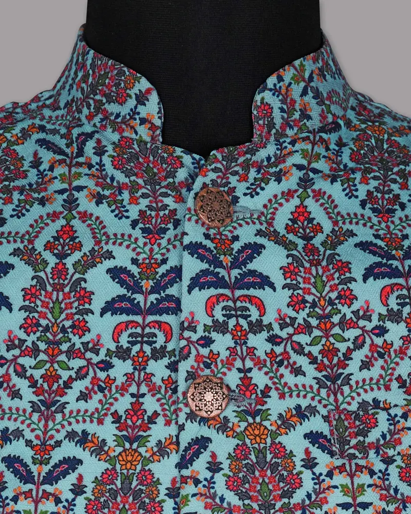 Sky With Multi-Color Flora Print Premium Designer Nehru Jacket 4