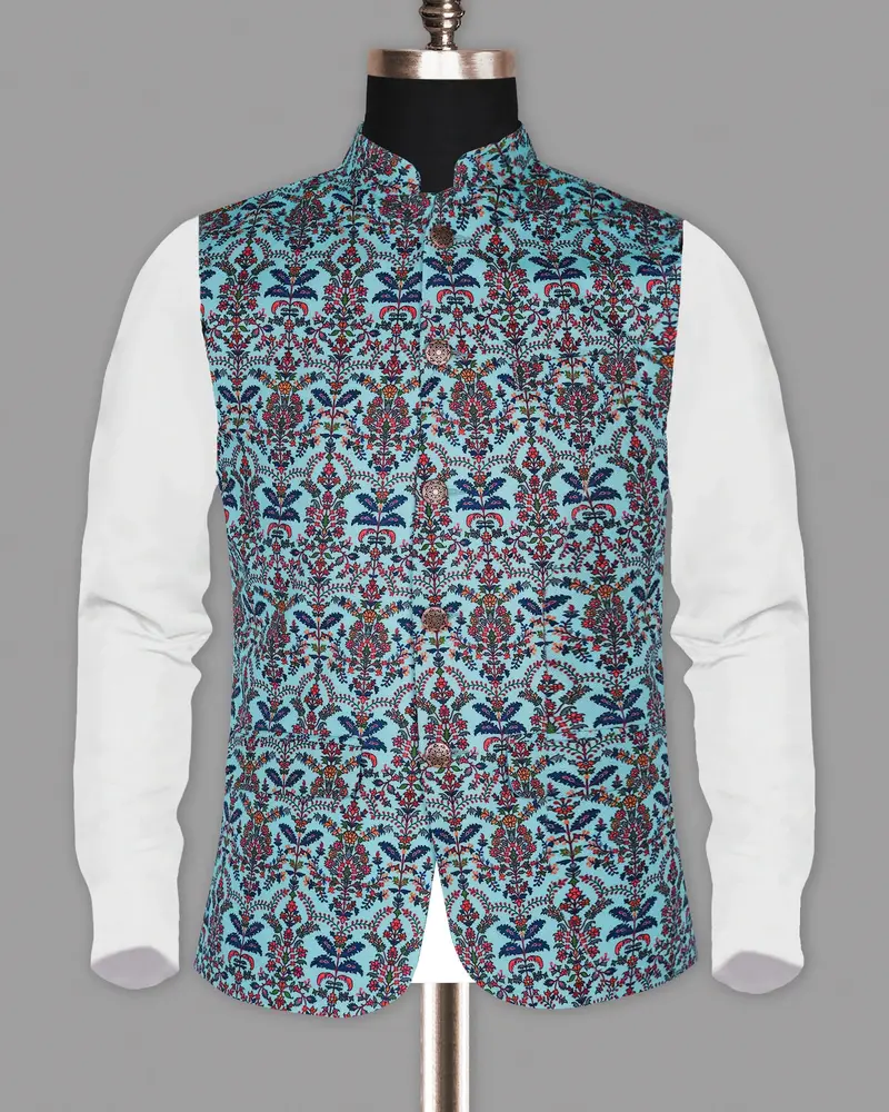 Sky With Multi-Color Flora Print Premium Designer Nehru Jacket 5