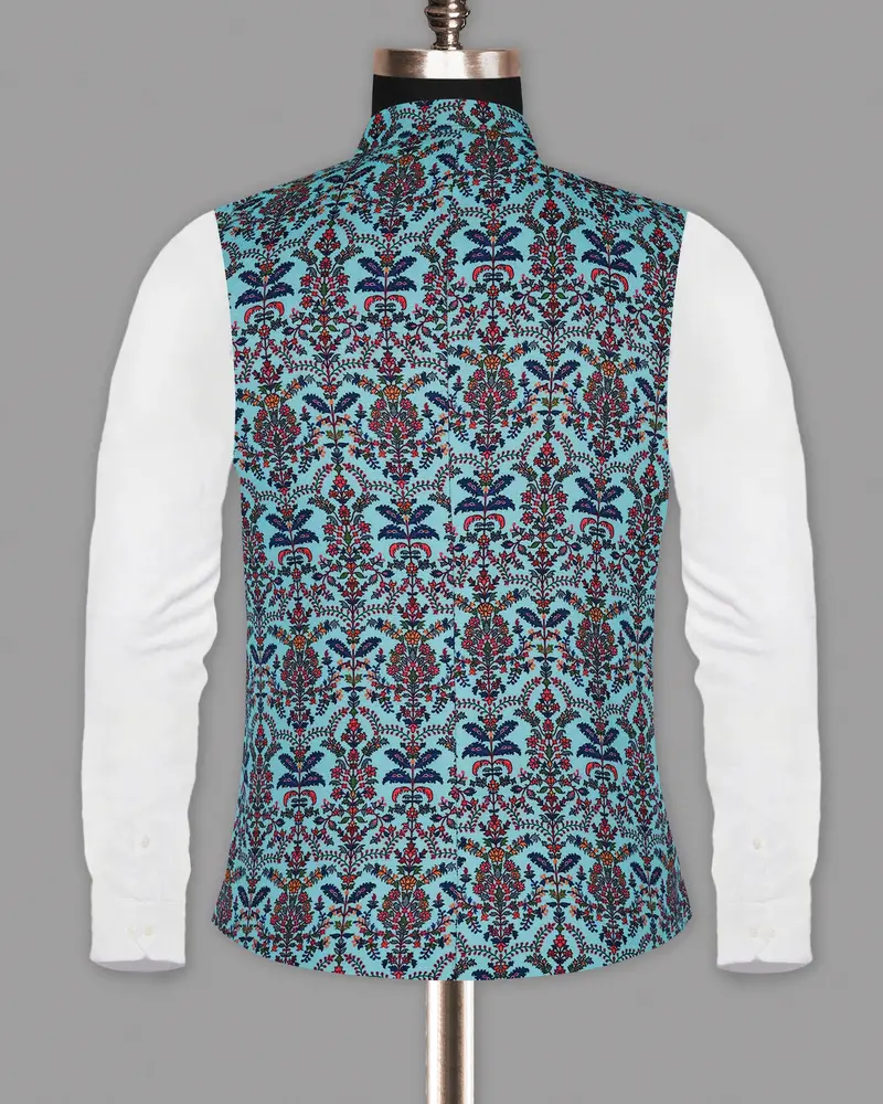 Sky With Multi-Color Flora Print Premium Designer Nehru Jacket 6
