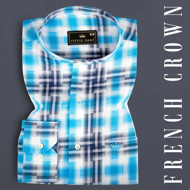 Sky With Rhino Blue Twill Plaid Premium Cotton Shirt 7