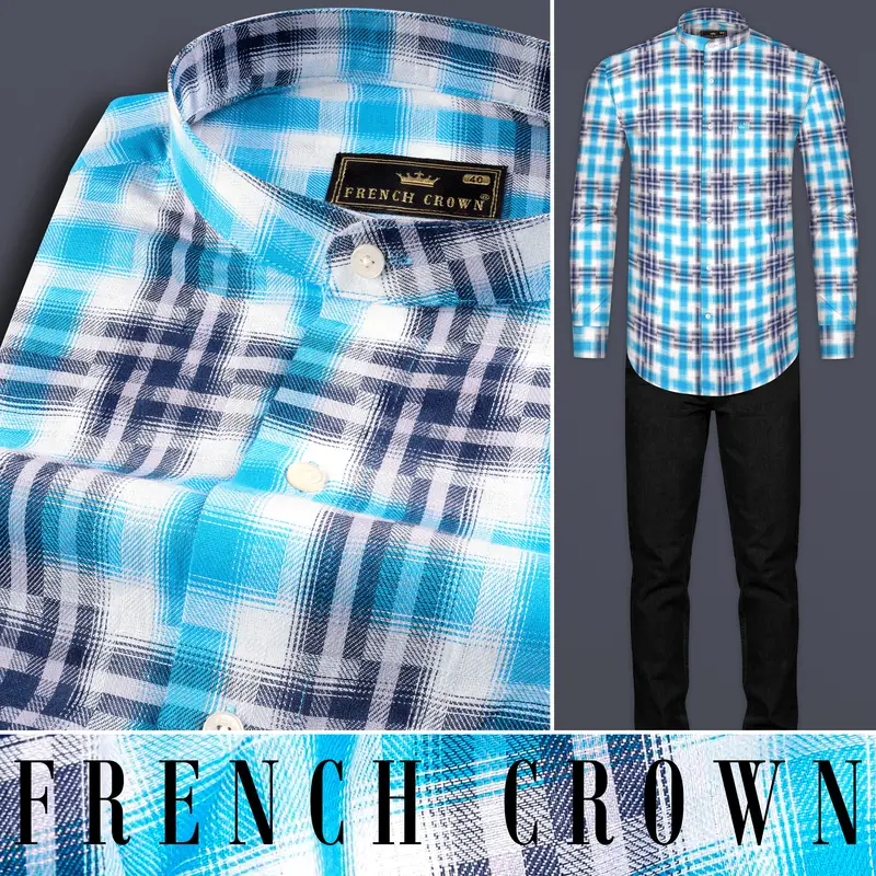 Sky With Rhino Blue Twill Plaid Premium Cotton Shirt 9