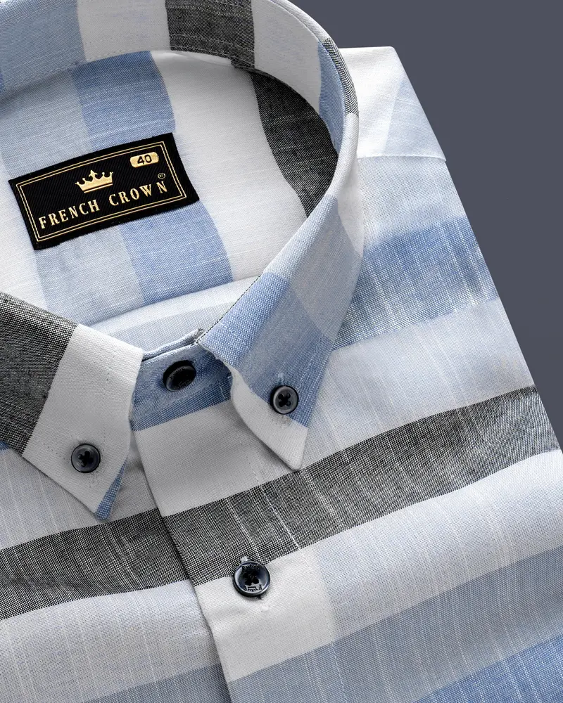 Skyline-Bright White And Glaucous Blue Horizontal Striped Super Soft Premium Tencel Semi Formal Shirt 1